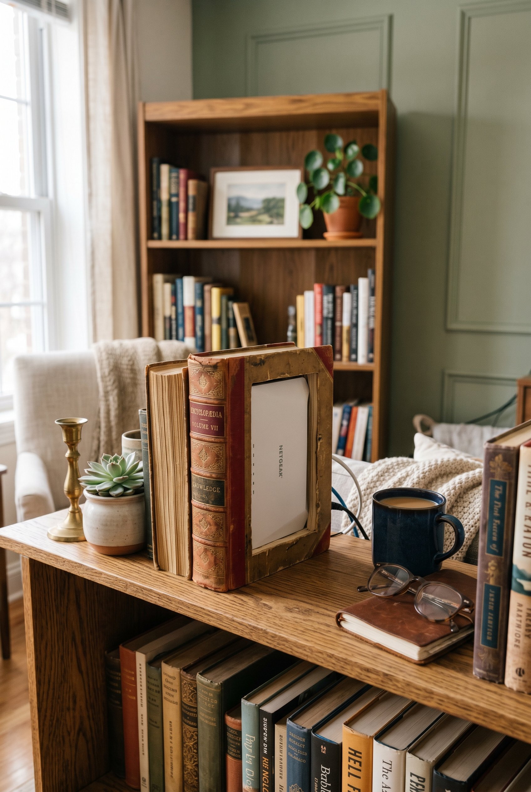 Photorealistic interior photo. A hollowed-out vintage encyclopedia acting as a cover for a modern internet router on a styled wooden bookshelf. Soft interior lighting, close-up angle. Editorial photog