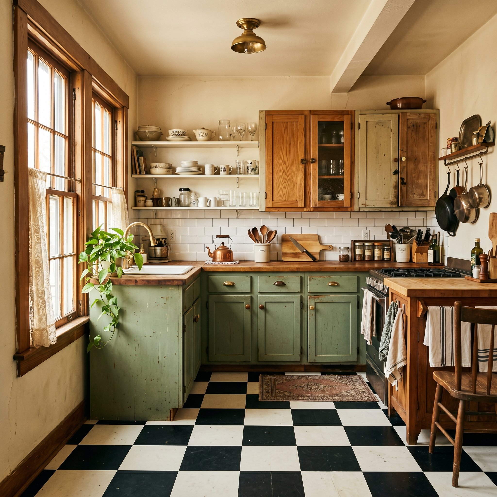 Photorealistic interior photo. A kitchen featuring bold black-and-white checkerboard floor tiles paired with mismatched vintage wooden cabinets. Warm afternoon lighting, low angle. Editorial photograp