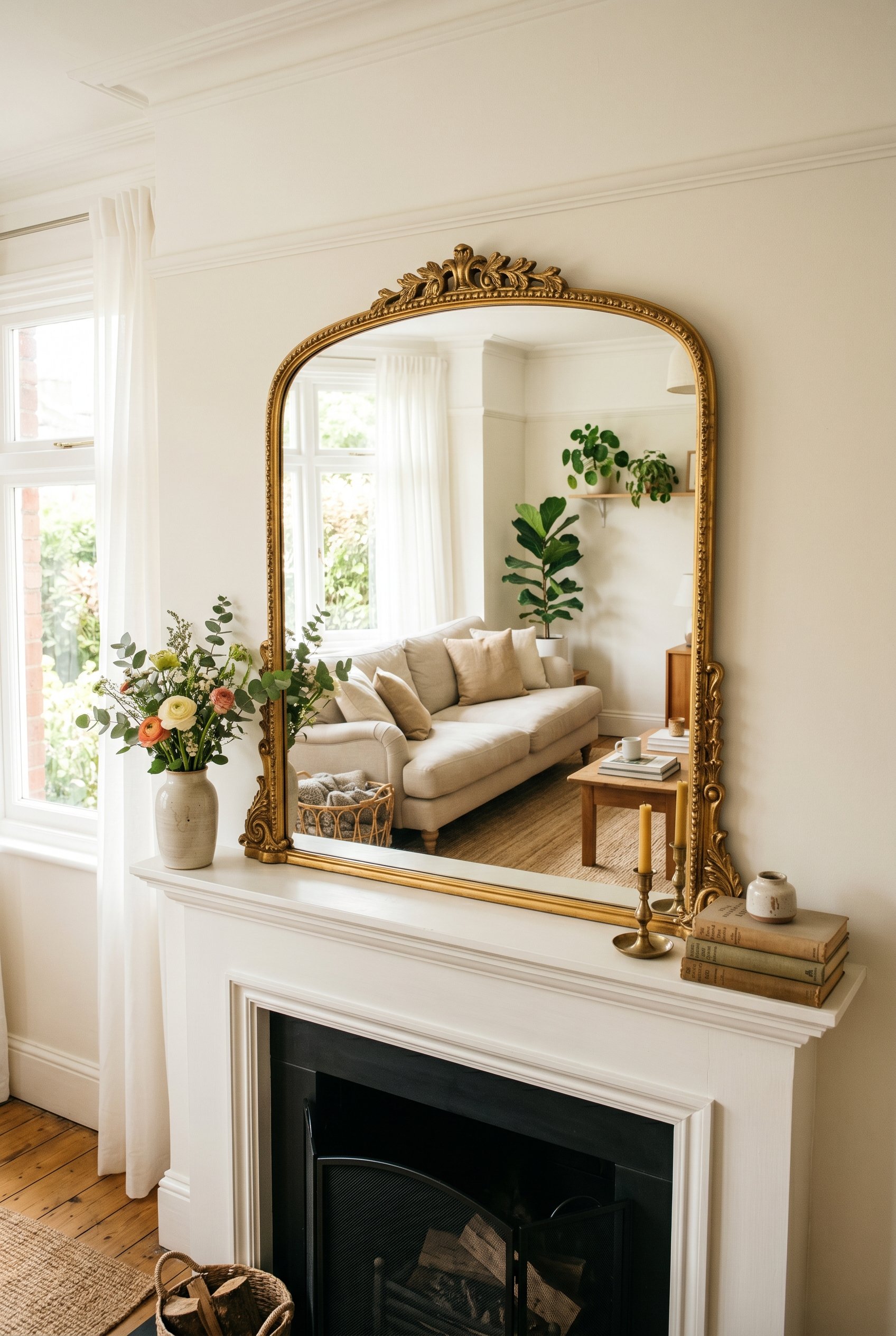 Photorealistic interior photo. A large, ornate gold arched mirror leaning on a white fireplace mantle, reflecting a bright, sunlit living room. Straight-on camera angle. Editorial photography style, n