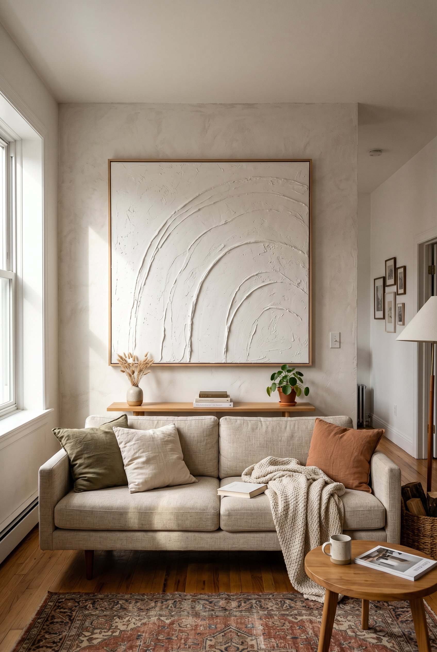 Photorealistic interior photo. A large, oversized canvas featuring textured, sweeping plaster arches in matte white, hanging above a sleek sofa. Dramatic natural side lighting highlighting the texture