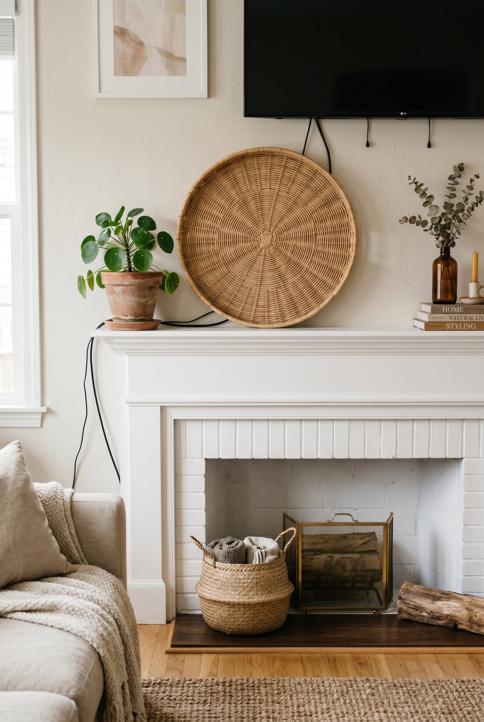 Photorealistic interior photo. A large round woven rattan tray leaning against the wall on a fireplace mantle, hiding black TV cords. A small potted plant sits in front. Natural daylight, straight-on