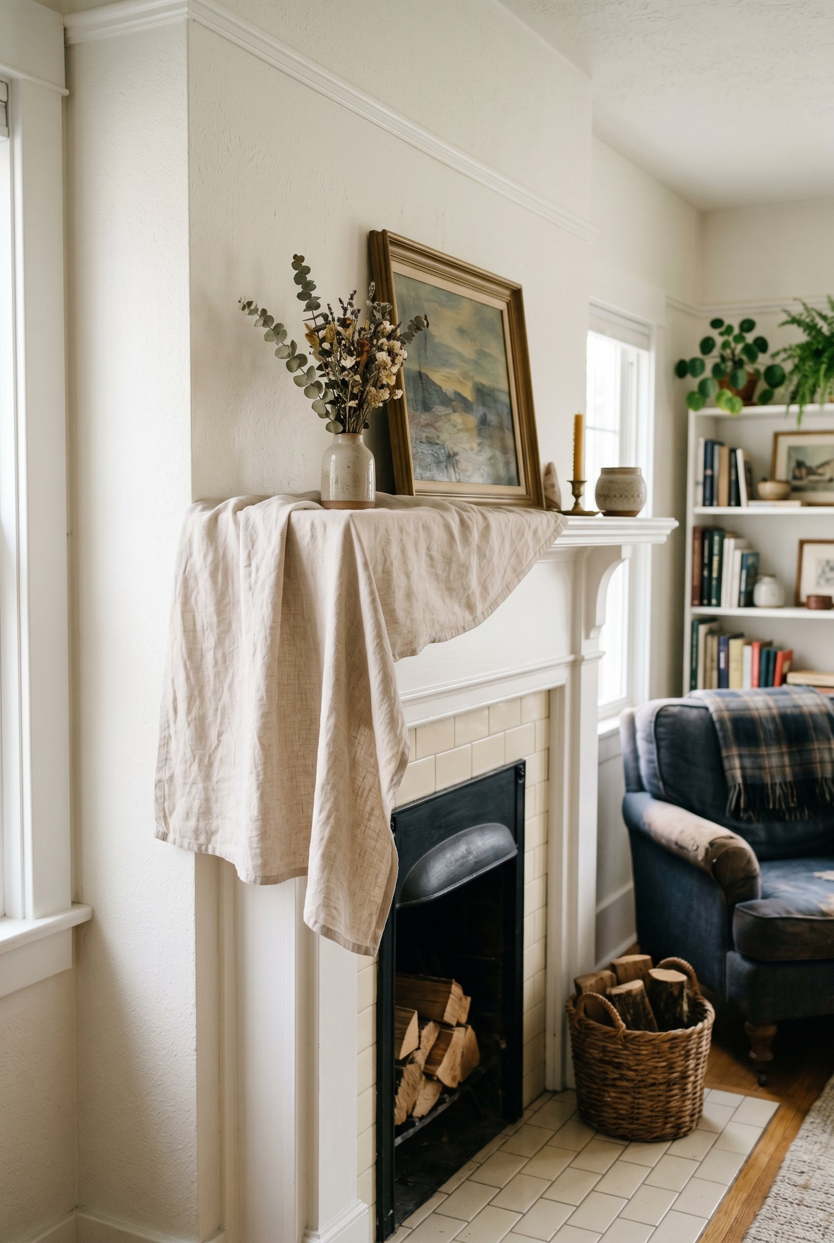 Photorealistic interior photo. A lightweight, pale beige linen runner draped elegantly over the edge of a white painted fireplace mantle, held by invisible hooks. Soft natural daylight, angled shot. E