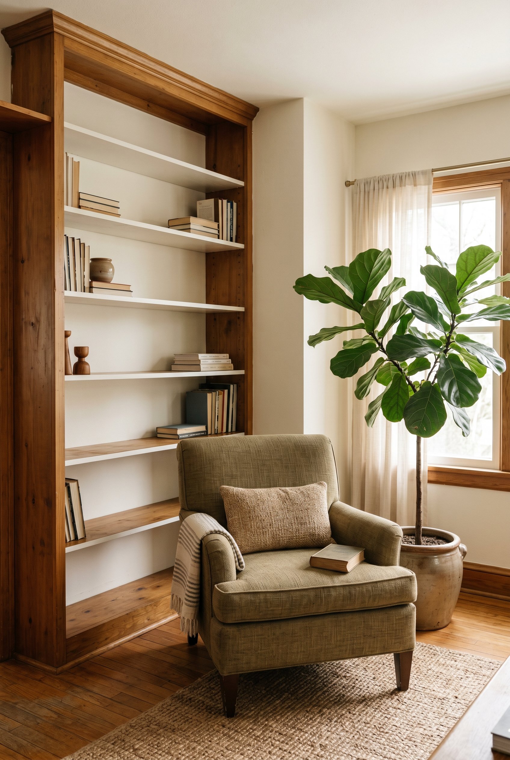Photorealistic interior photo. A living room corner featuring a styled armchair and a large houseplant. Next to them is a built-in bookshelf that is intentionally half-empty, with several bare wooden 