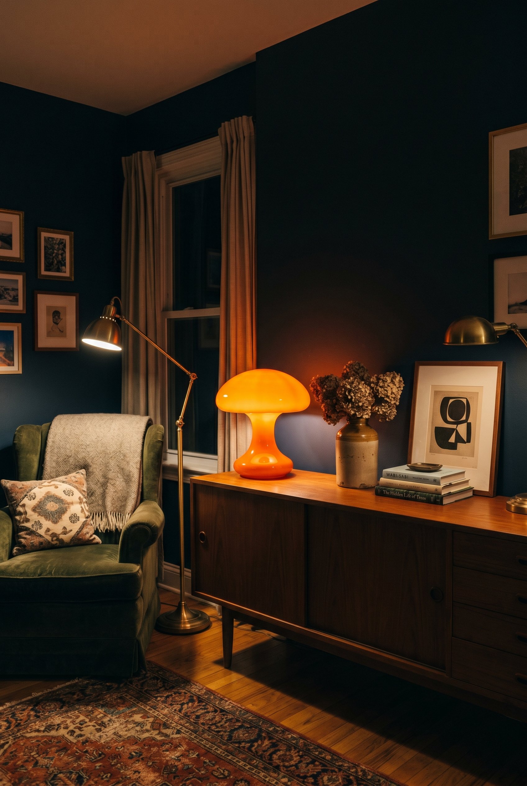 Photorealistic interior photo. A living room corner lit entirely by an orange Murano glass mushroom lamp on a credenza and a tall brass pharmacy lamp. Deep moody shadows, cozy atmosphere. Editorial ph