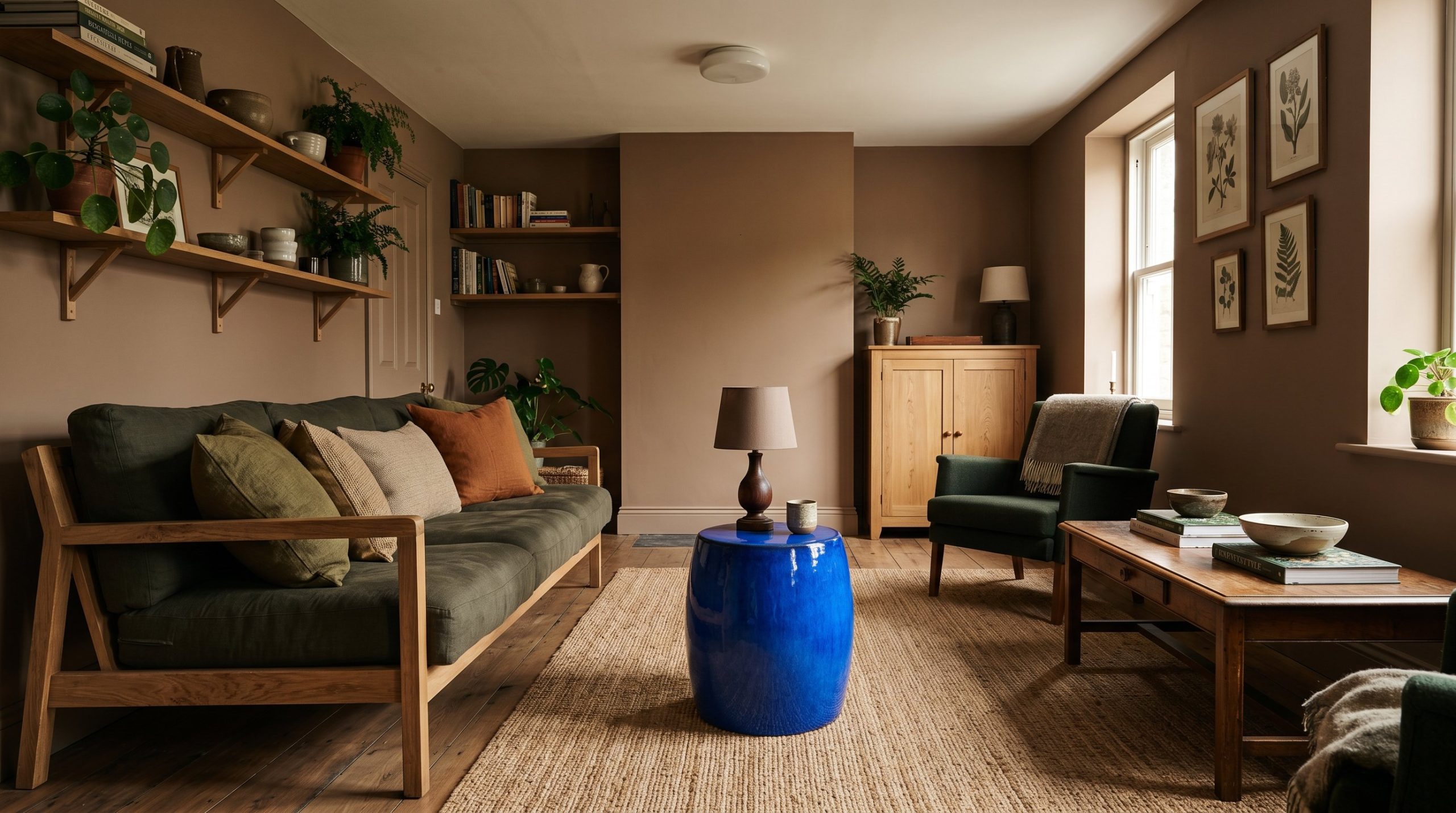 Photorealistic interior photo. A living room decorated entirely in earthy browns, dark greens, and natural woods. In the center sits a shockingly bright cobalt blue ceramic side table. Dramatic lighti