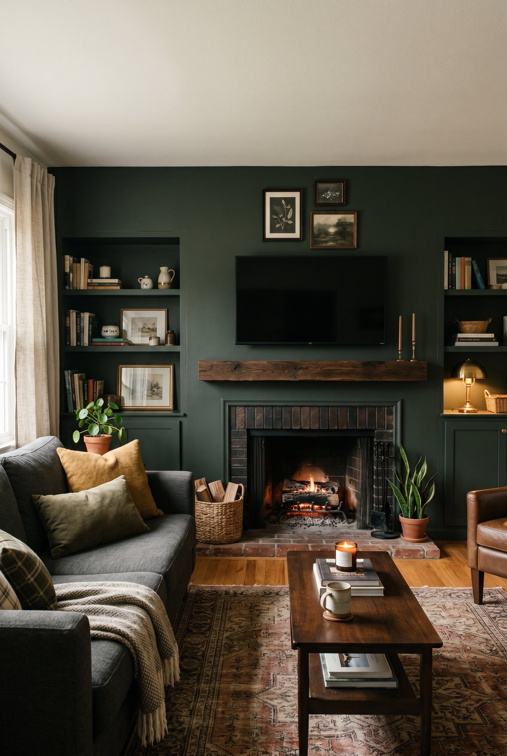 Photorealistic interior photo. A living room fireplace wall painted entirely in deep, moody dark green (Sherwin-Williams Iron Ore style). A flat-screen TV blends into the dark wall above a stained woo