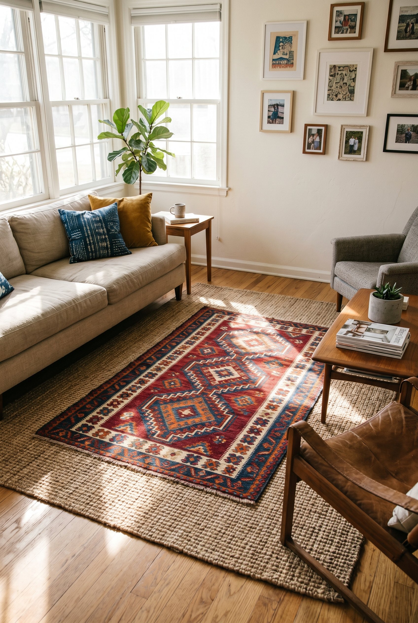 Photorealistic interior photo. A living room floor featuring a bright vintage Turkish rug layered directly on top of a larger, natural jute rug. Sunlight streaming from a window, downward camera angle