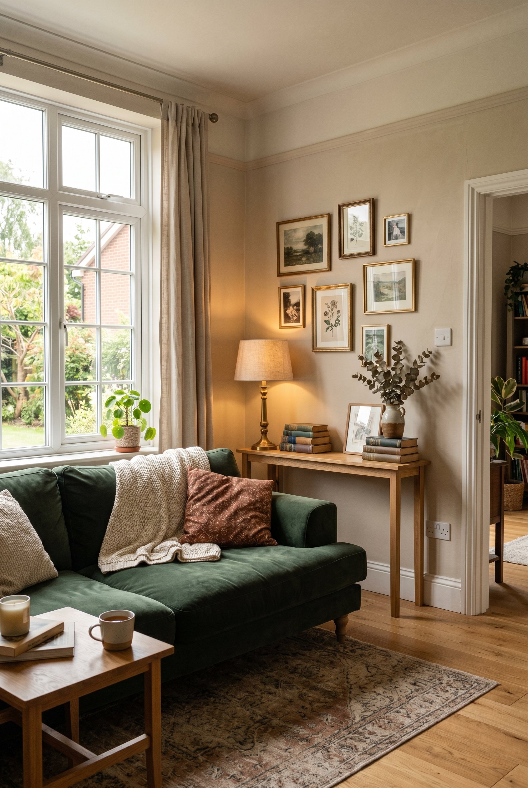 Photorealistic interior photo. A living room where a dark green sofa is pulled exactly one foot away from the wall. A skinny wooden console table sits behind the sofa, topped with stacked books and a 