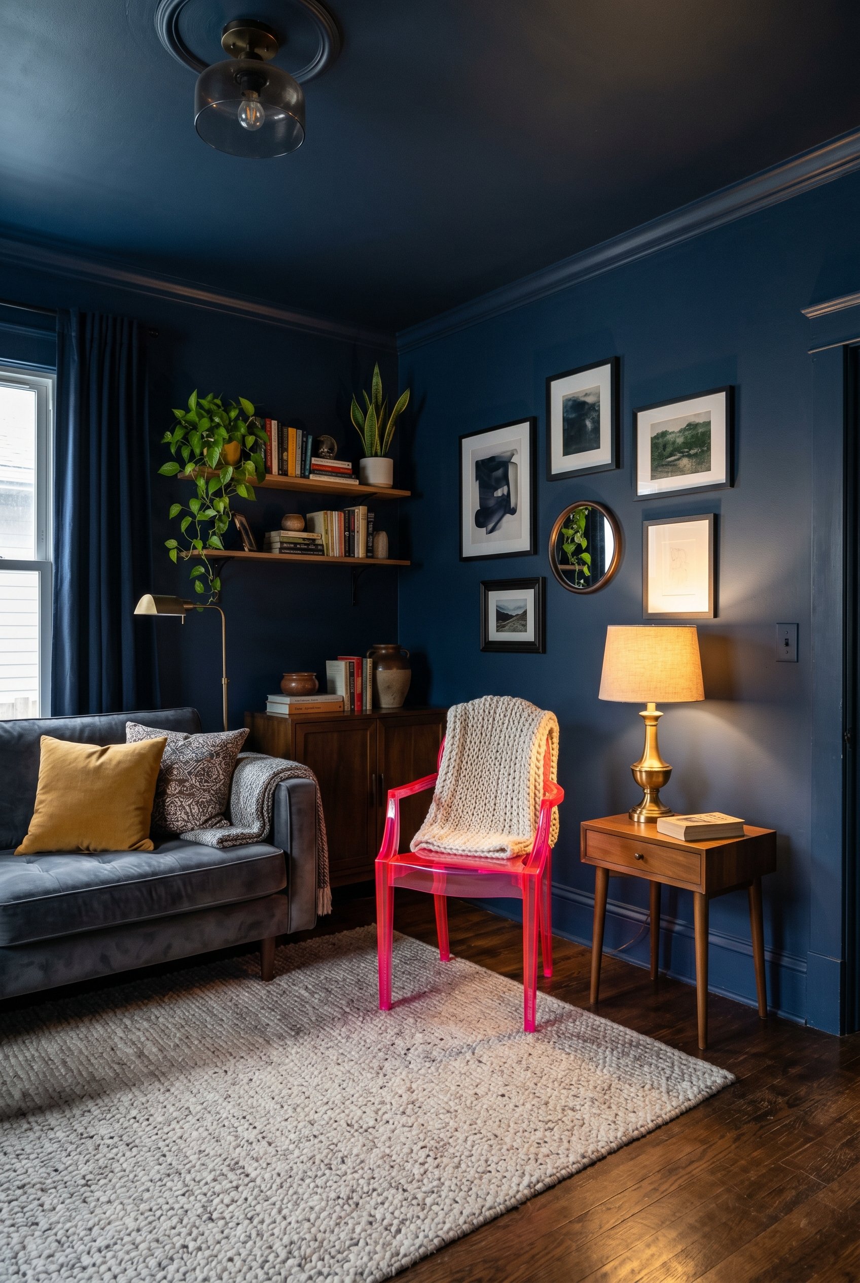 Photorealistic interior photo. A living room where the walls, trim, and ceiling are all painted the exact same shade of deep, moody navy blue. A shockingly bright neon pink acrylic chair sits in the c