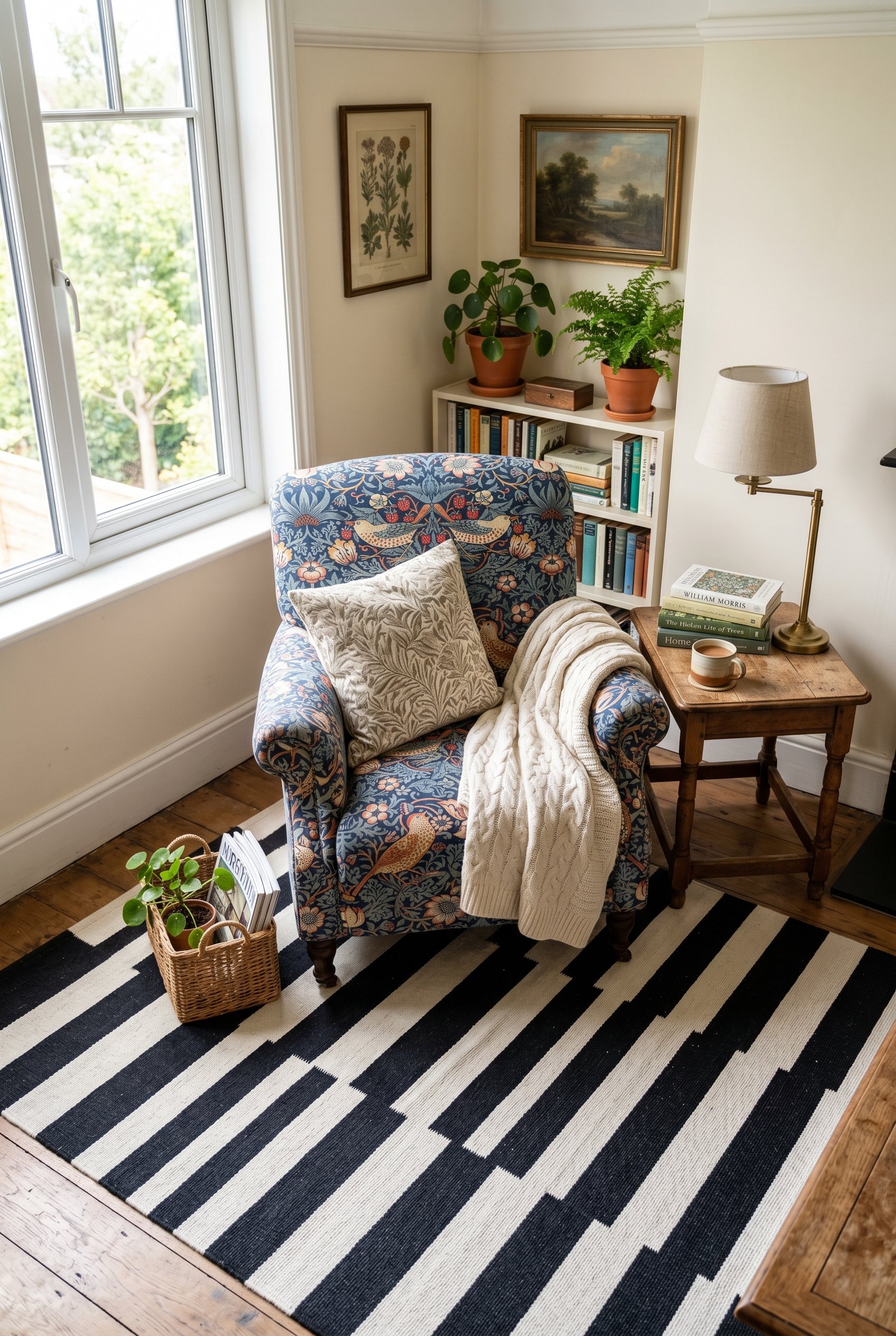 Photorealistic interior photo. A living space showing a rigid black-and-white cabana stripe rug sitting underneath a dense William Morris floral upholstered armchair. Bright natural light, high angle.