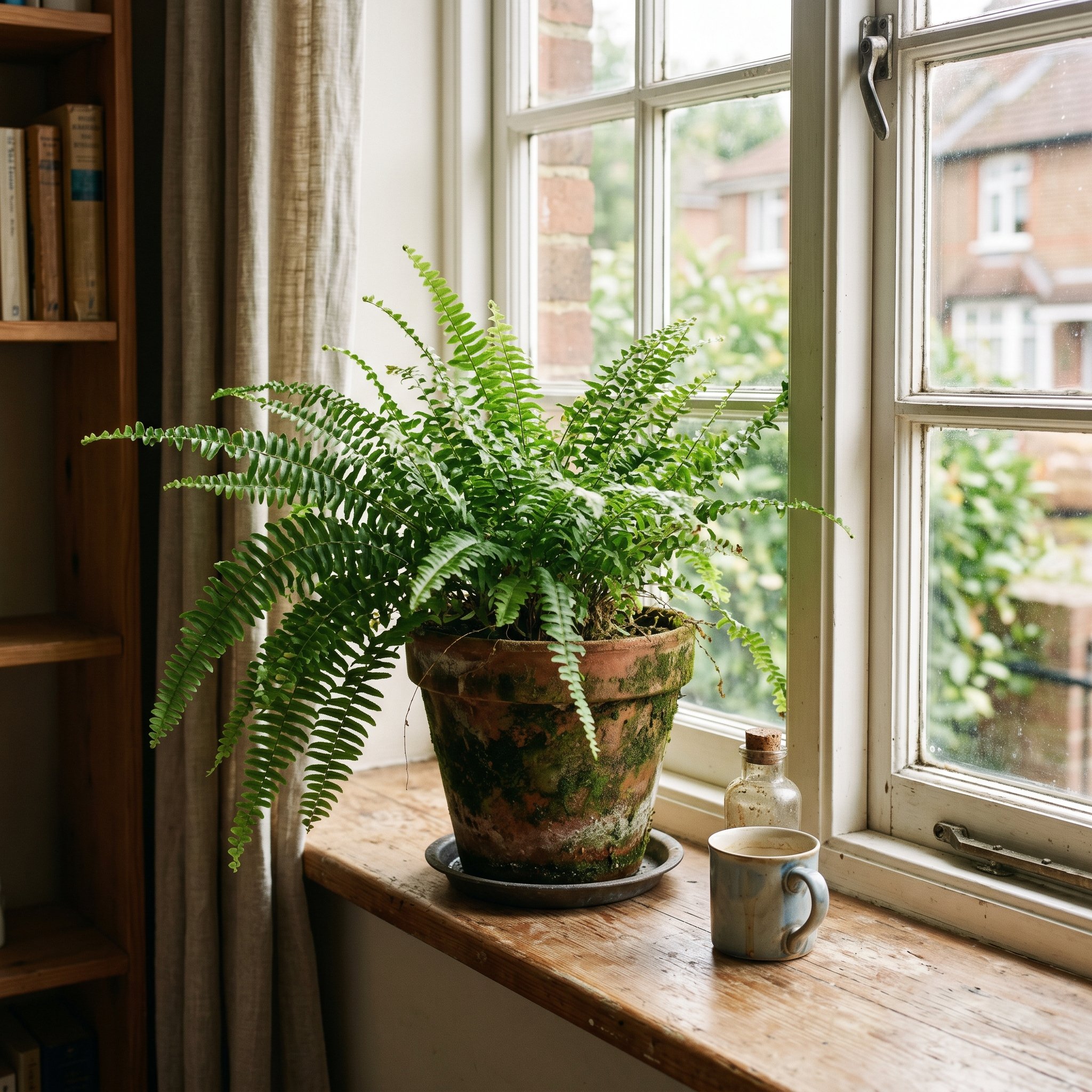 Photorealistic interior photo. A lush trailing fern planted in a highly aged, mossy terracotta pot sitting on a sunlit wooden windowsill. Editorial photography style, realistic textures, no people vis