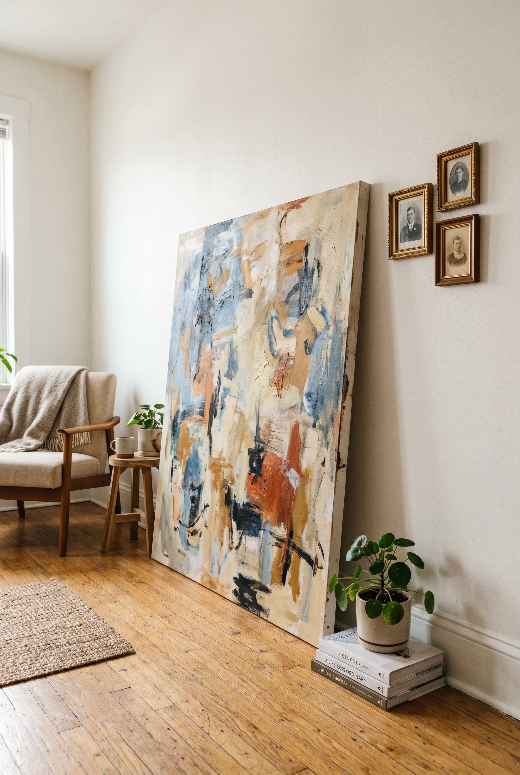 Photorealistic interior photo. A massive, abstract painted canvas leans casually against a blank white wall, sitting directly on the floor. Just above and to the right, a tight cluster of three tiny f