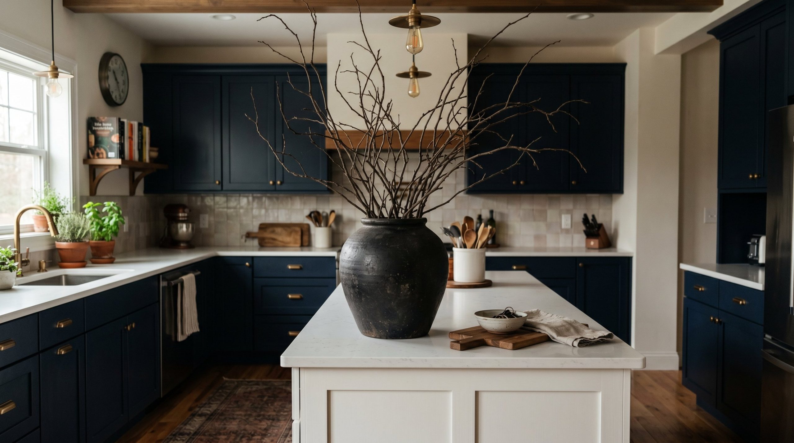 Photorealistic interior photo. A massive dark ceramic vase sitting on a white kitchen island, holding tall, dramatic, bare foraged branches reaching toward the ceiling. Soft, moody kitchen lighting. E