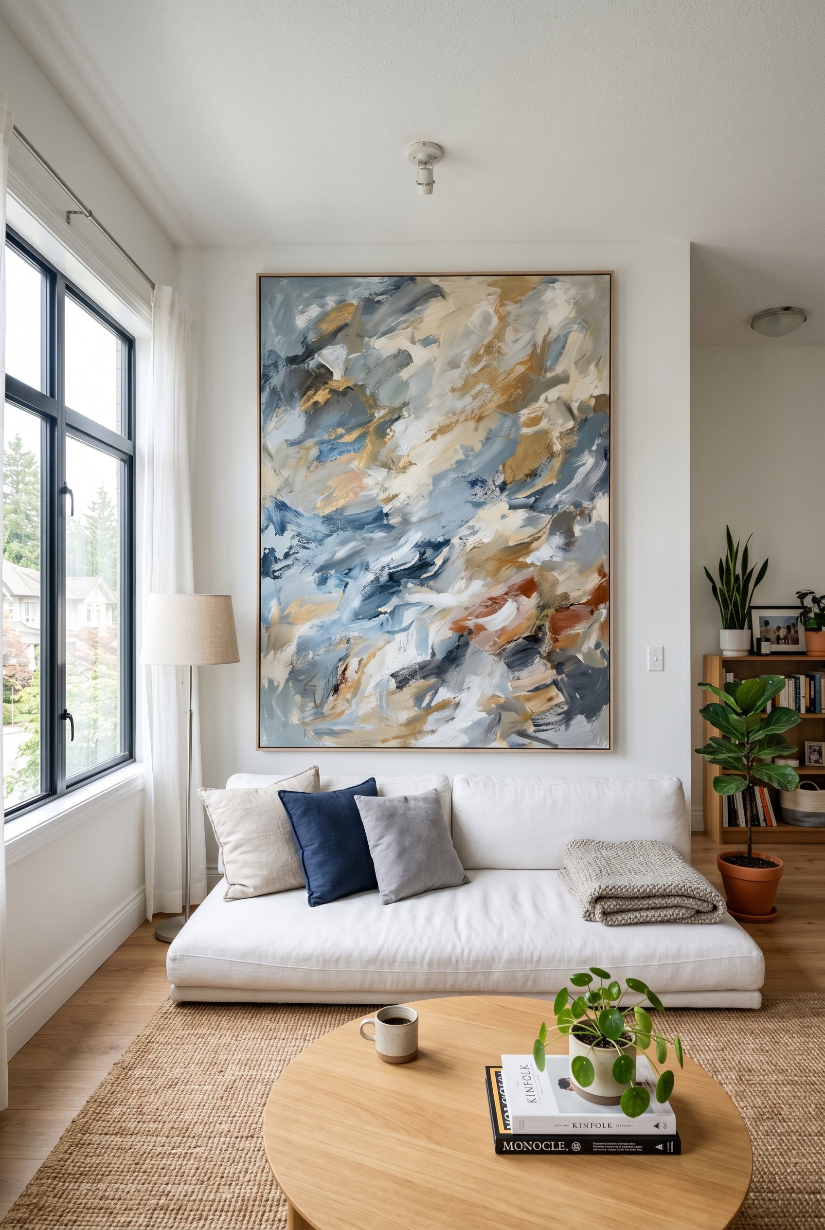Photorealistic interior photo. A massive, floor-to-ceiling modern abstract painting hanging above a very low-profile minimalist white sofa. Bright, diffused daylight, wide angle. Editorial photography