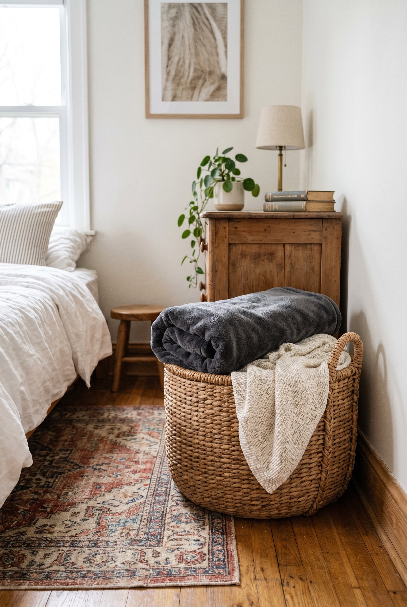 Photorealistic interior photo. A massive, textured woven rattan floor basket overflowing with a folded charcoal gray fleece blanket and a cream cotton throw. Set on a vintage rug in a bedroom corner. 