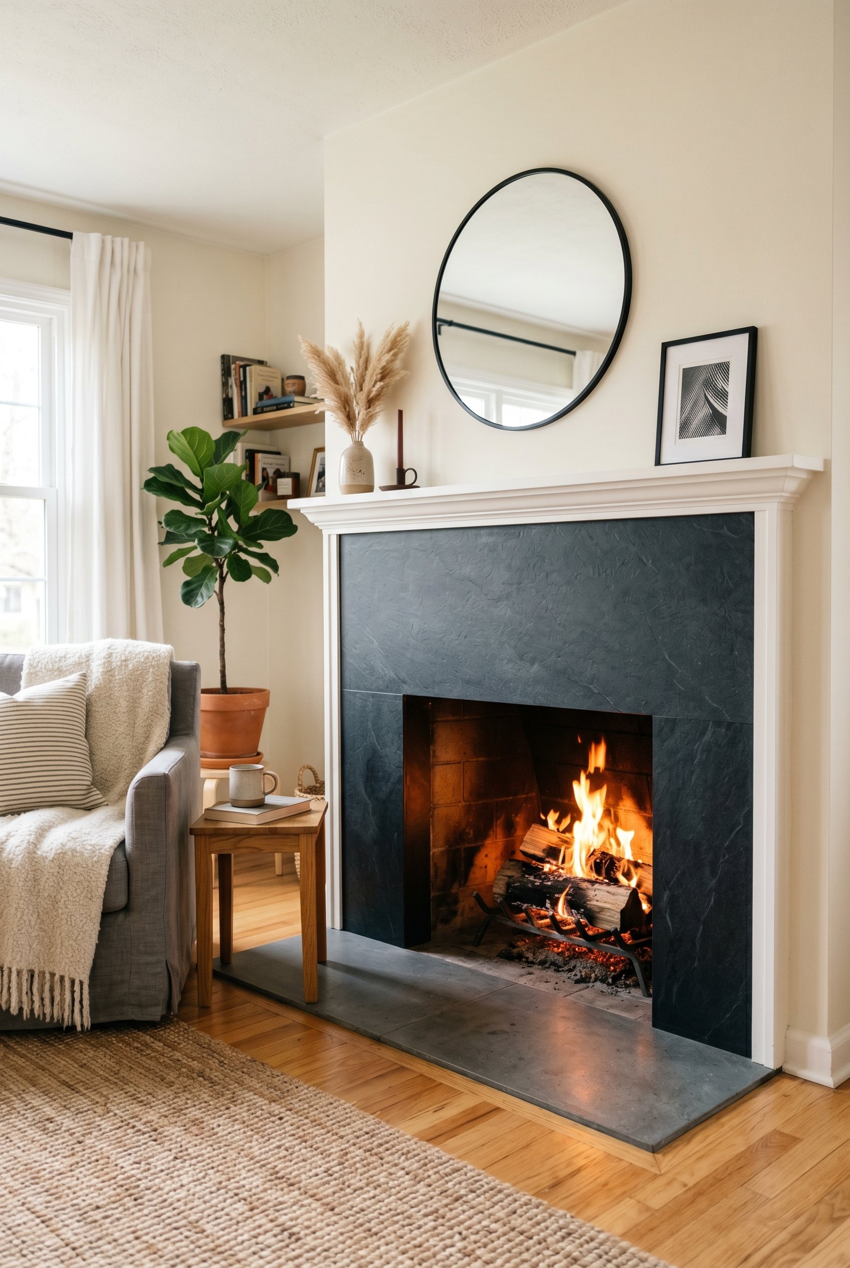 Photorealistic interior photo. A modern fireplace surround covered in peel-and-stick faux matte black soapstone vinyl. Minimalist styling, glowing fire in the hearth. Editorial photography style, no p