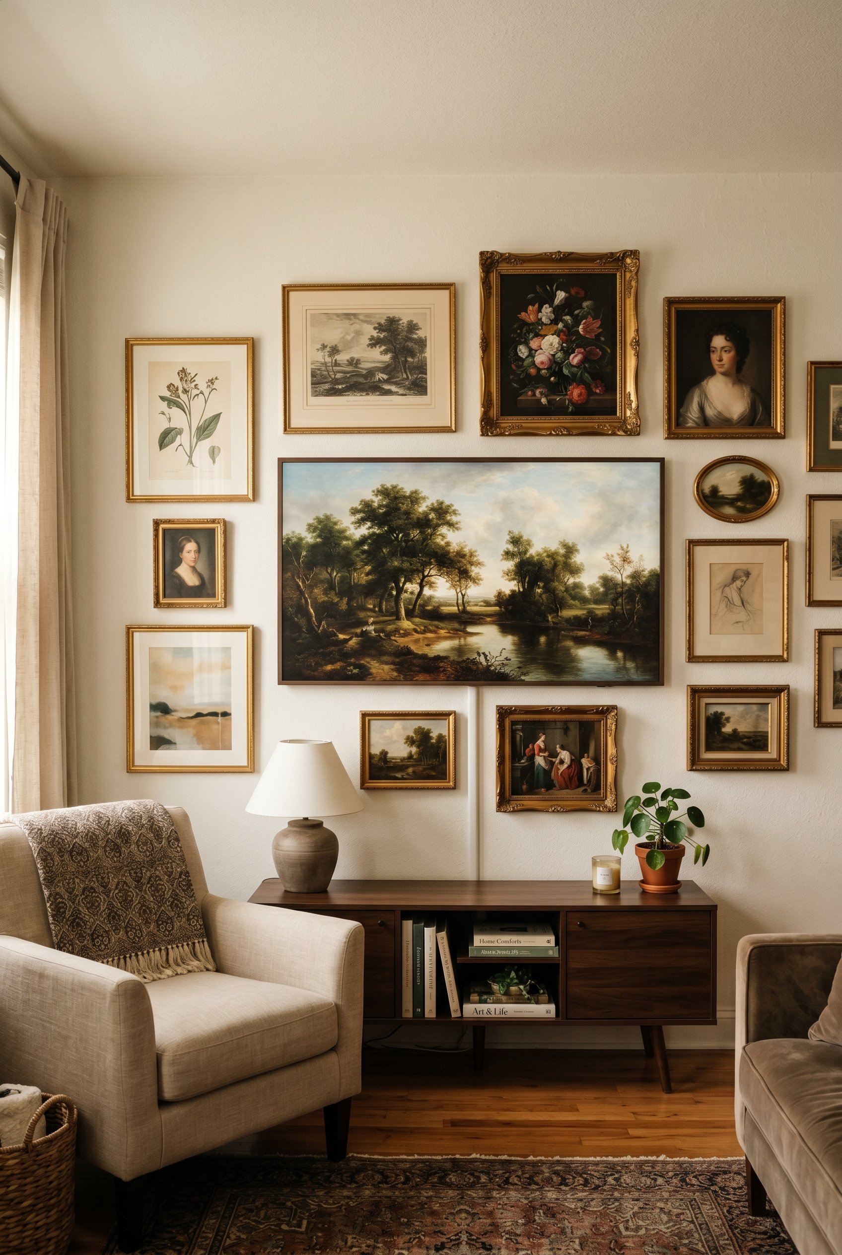 Photorealistic interior photo. A modern flat screen TV displaying classic oil painting art, seamlessly integrated into an asymmetrical gallery wall with vintage gold frames. Soft ambient lighting, str