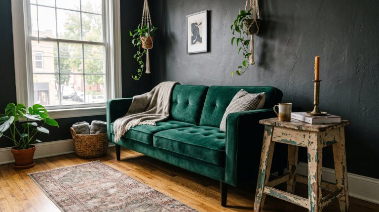 Photorealistic interior photo. A moody living room corner mixing a sleek modern velvet sofa with a heavily distressed, chippy-paint vintage stool and a tarnished brass candlestick. Soft, natural sunli