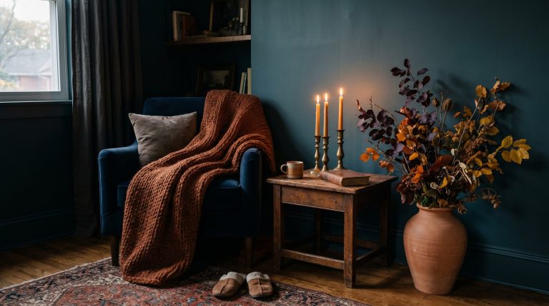 Photorealistic interior photo. A moody, sophisticated living room corner capturing the essence of modern autumn. A dark velvet accent chair draped with a heavy, rust-colored chunky knit blanket. A wea