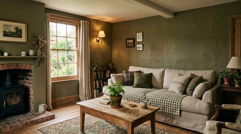 Photorealistic interior photo. A perfectly moody cottage living room featuring muddy green walls, an oversized linen sofa layered with a gingham throw, and aged brass wall sconces casting a warm glow.