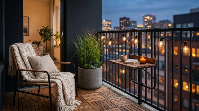 Photorealistic interior photo. A perfectly styled small apartment balcony at dusk, featuring warm Edison string lights, interlocking acacia wood floor tiles, a heavy concrete planter with tall grass,