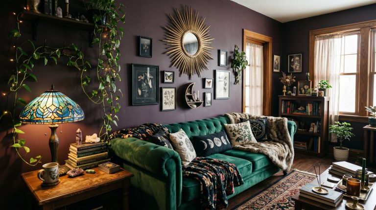 Photorealistic interior photo. A quintessential whimsy goth living room with dark plum walls, a plush emerald green velvet sofa, a vintage brass sunburst mirror, trailing ivy, and a stained glass tabl