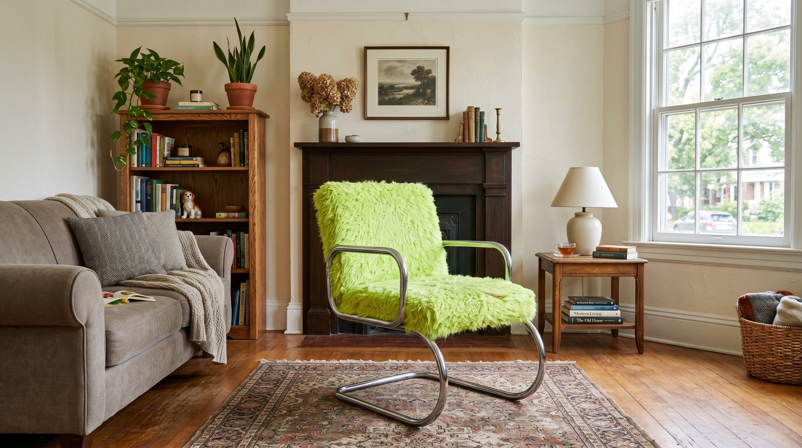 Photorealistic interior photo. A quirky 1970s chrome cantilever chair with fuzzy neon upholstery acting as a statement piece in a muted, traditional living room. Bright sunlight, medium angle. Editori
