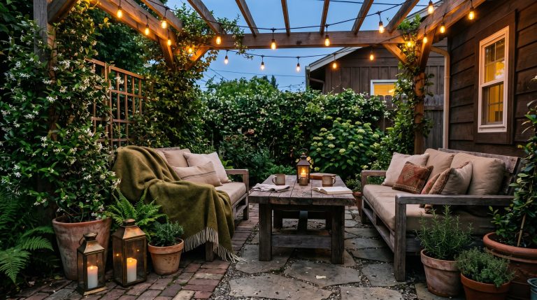 Photorealistic interior photo. A rugged, cozy backyard patio at dusk. Overhead commercial Edison string lights glowing warmly above a heavy reclaimed timber table. Worn, vintage brass lanterns and fau