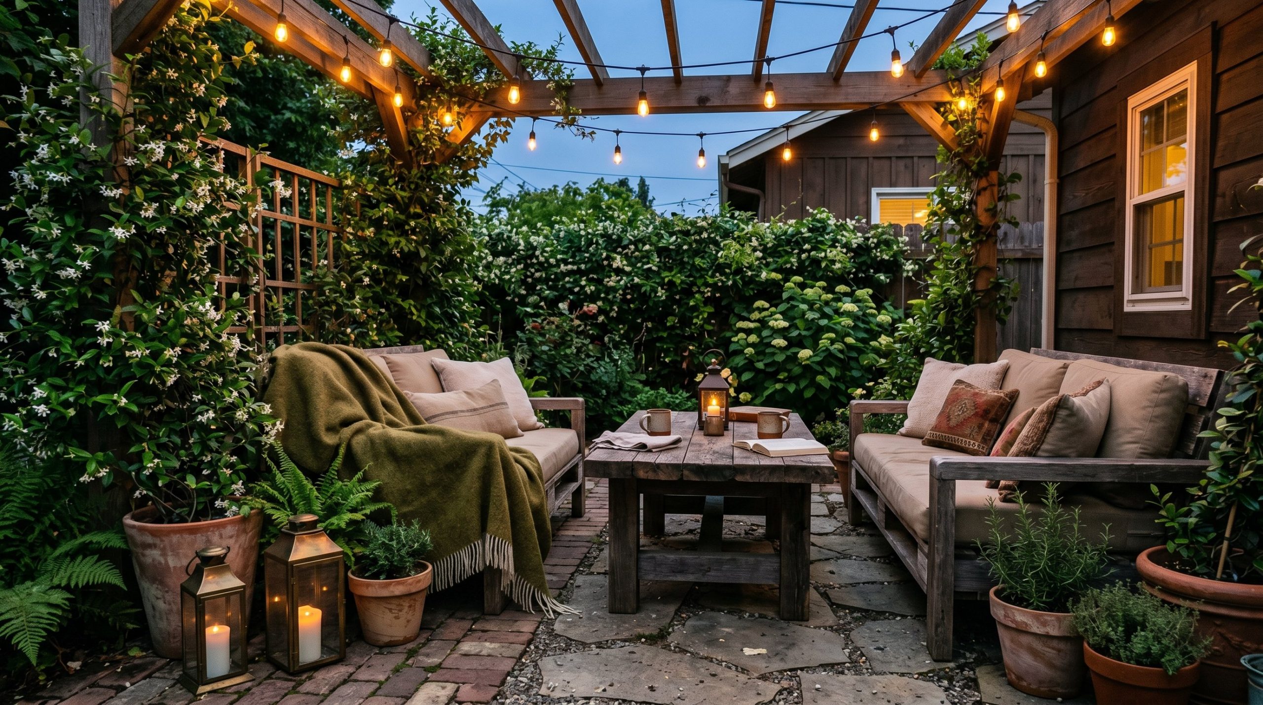 Photorealistic interior photo. A rugged, cozy backyard patio at dusk. Overhead commercial Edison string lights glowing warmly above a heavy reclaimed timber table. Worn, vintage brass lanterns and fau