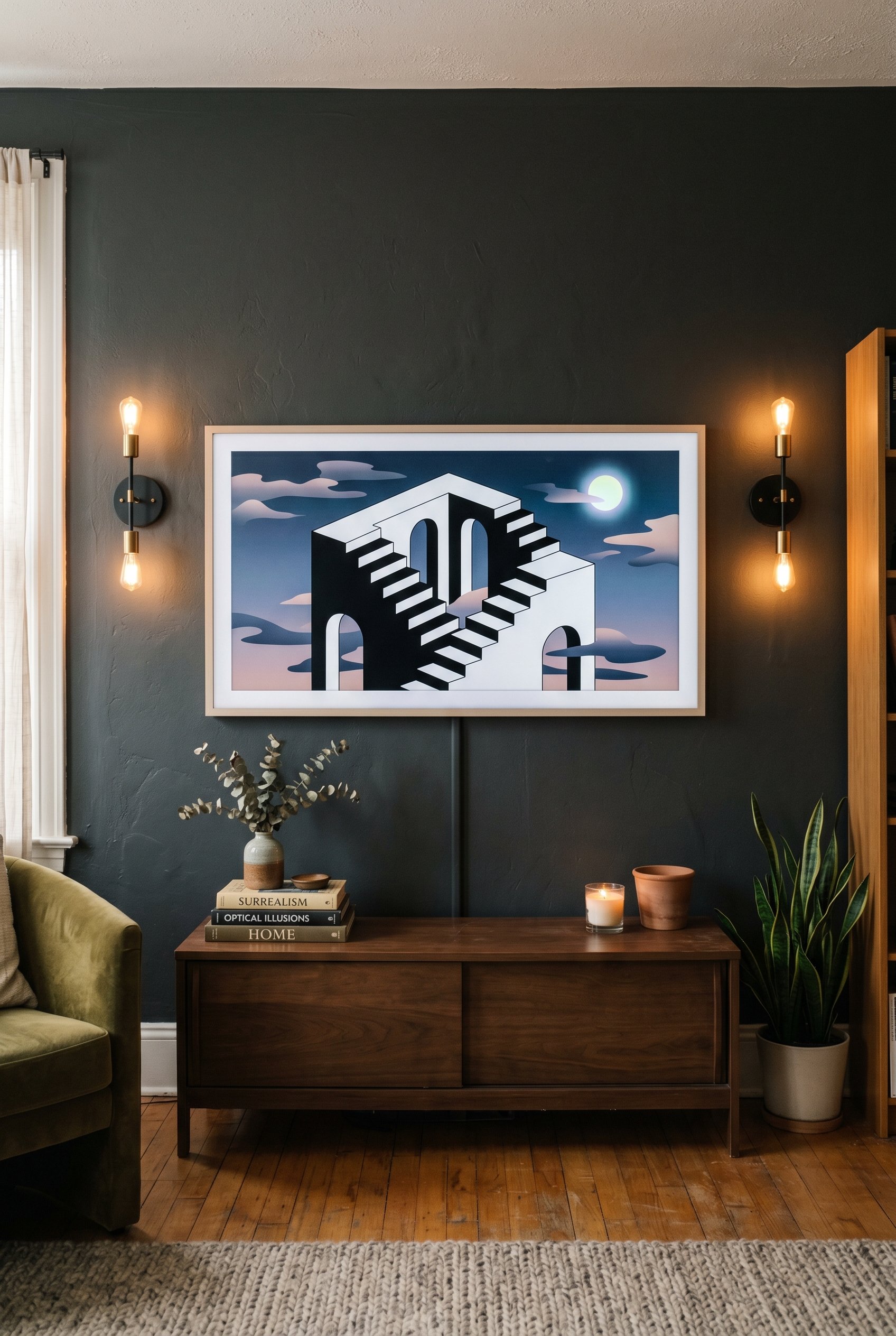 Photorealistic interior photo. A Samsung Frame TV mounted on a dark moody wall displaying surrealist optical illusion digital art, framed by two modern sconces, straight on. Editorial photography styl