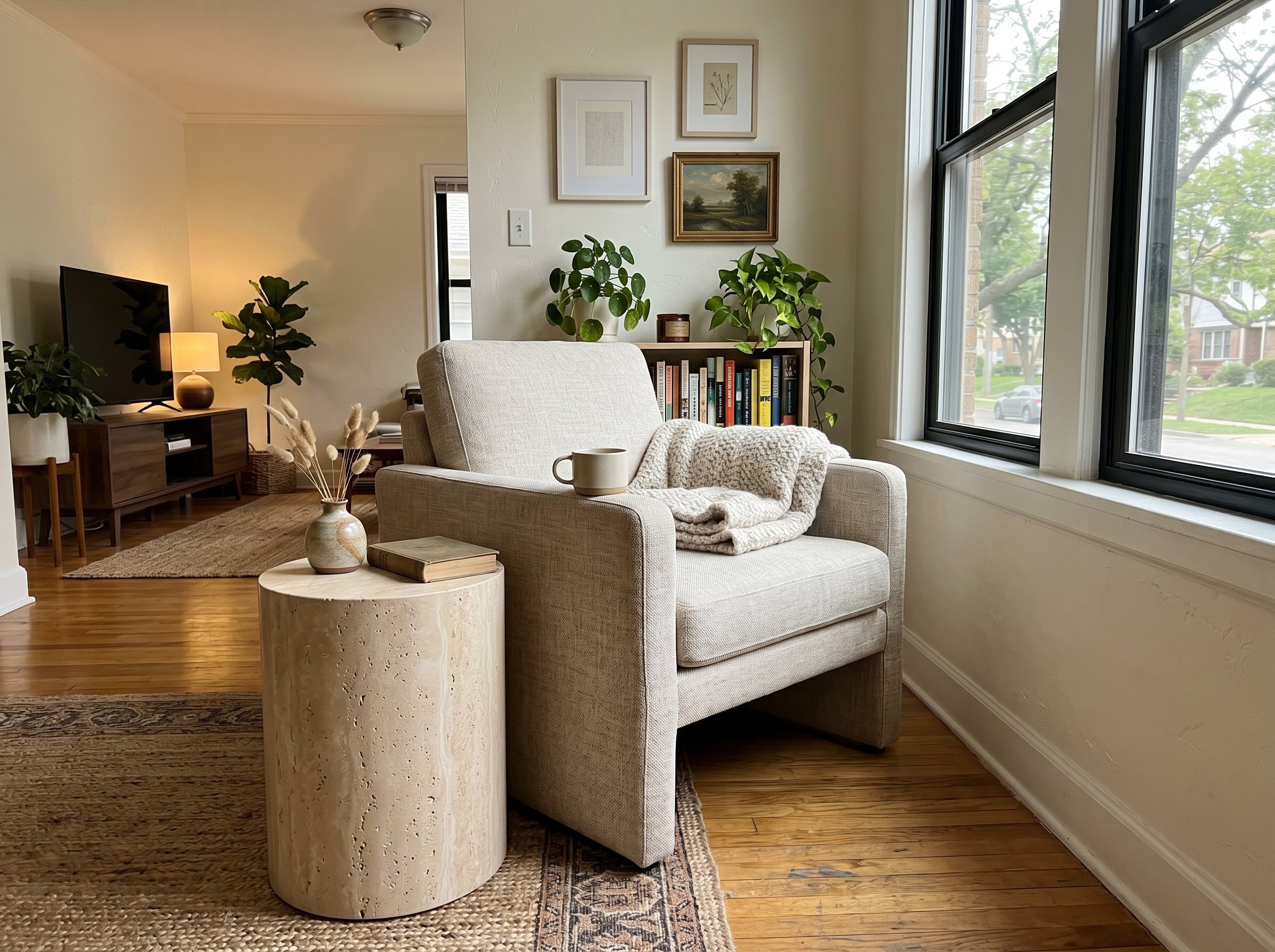 Photorealistic interior photo. A sleek, cylindrical side table finished in a faux beige travertine stone texture, sitting next to a modern linen accent chair. Natural afternoon lighting. Editorial pho