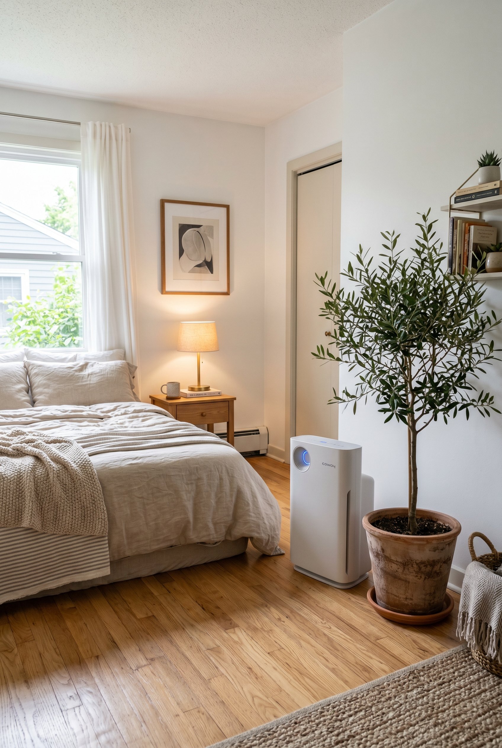 Photorealistic interior photo. A sleek, minimalist white HEPA air purifier standing in the corner of a bedroom on light oak hardwood floors, next to an olive tree in a terracotta pot. Editorial photog
