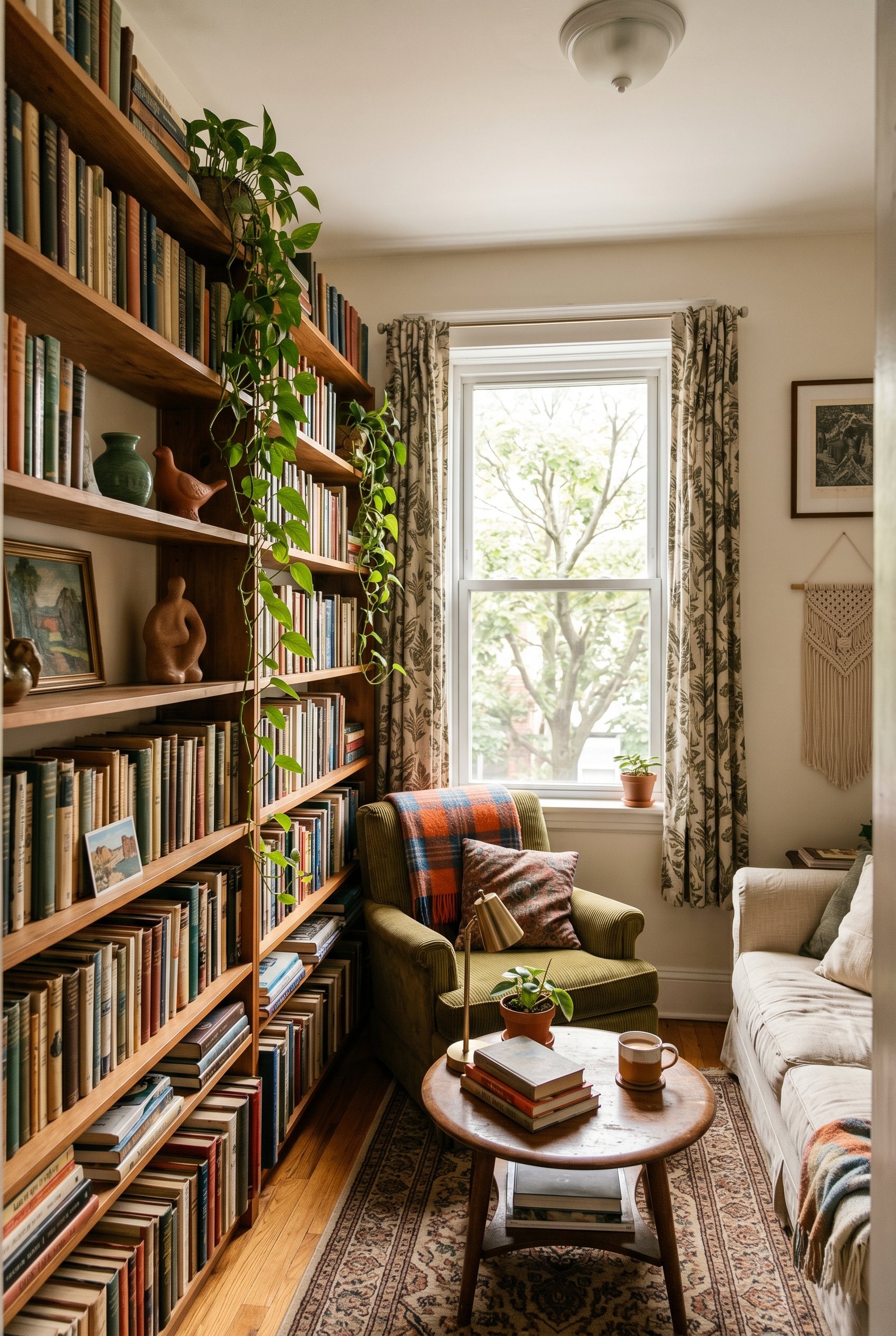 Photorealistic interior photo. A small, narrow living room featuring floor-to-ceiling wooden shelving packed tightly with vintage books, trailing pothos plants, and ceramic sculptures. Natural window 