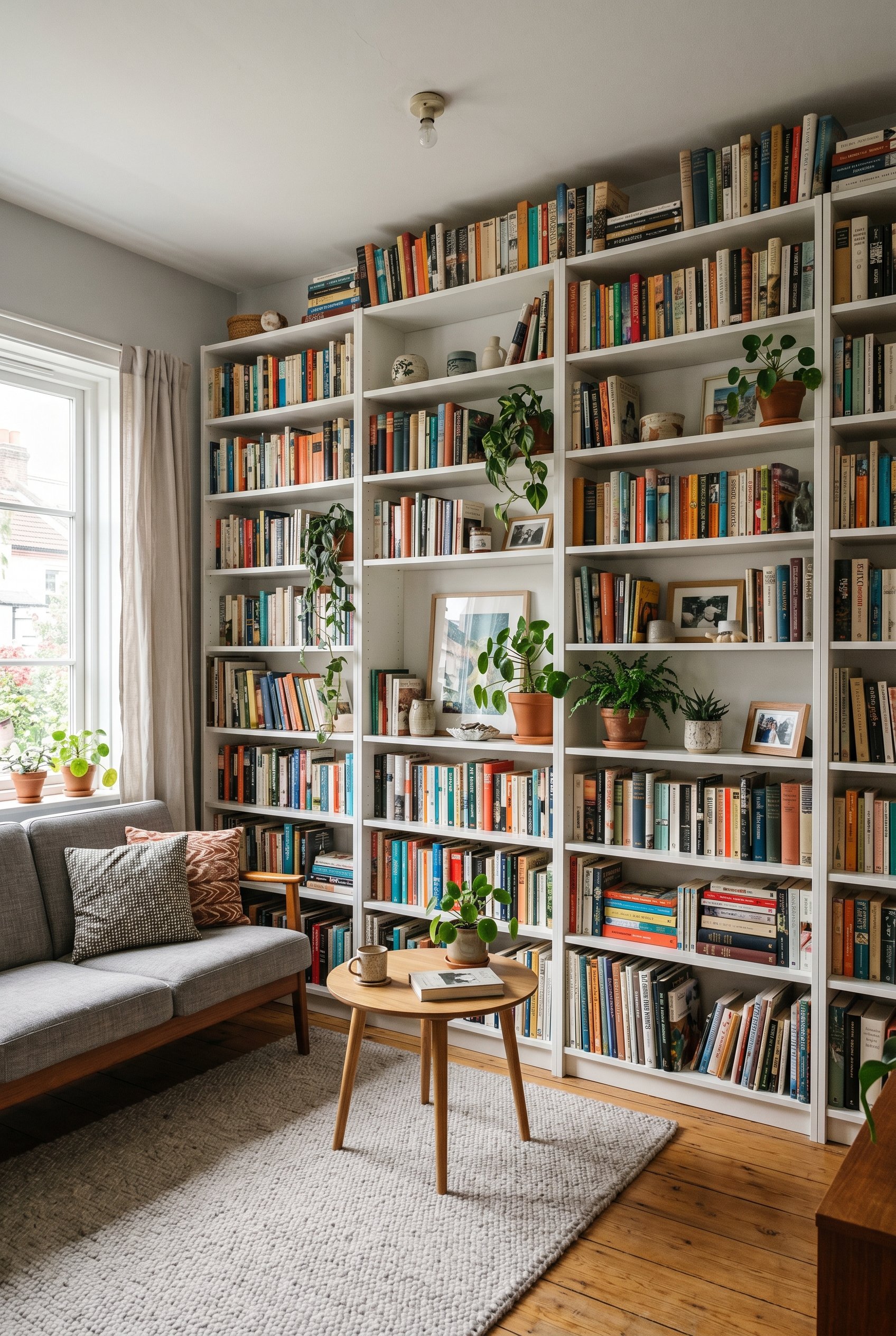 Photorealistic interior photo. A small studio apartment featuring massive, floor-to-ceiling white bookshelves packed with books, ceramics, and plants. Bright ambient light, wide angle. Editorial photo