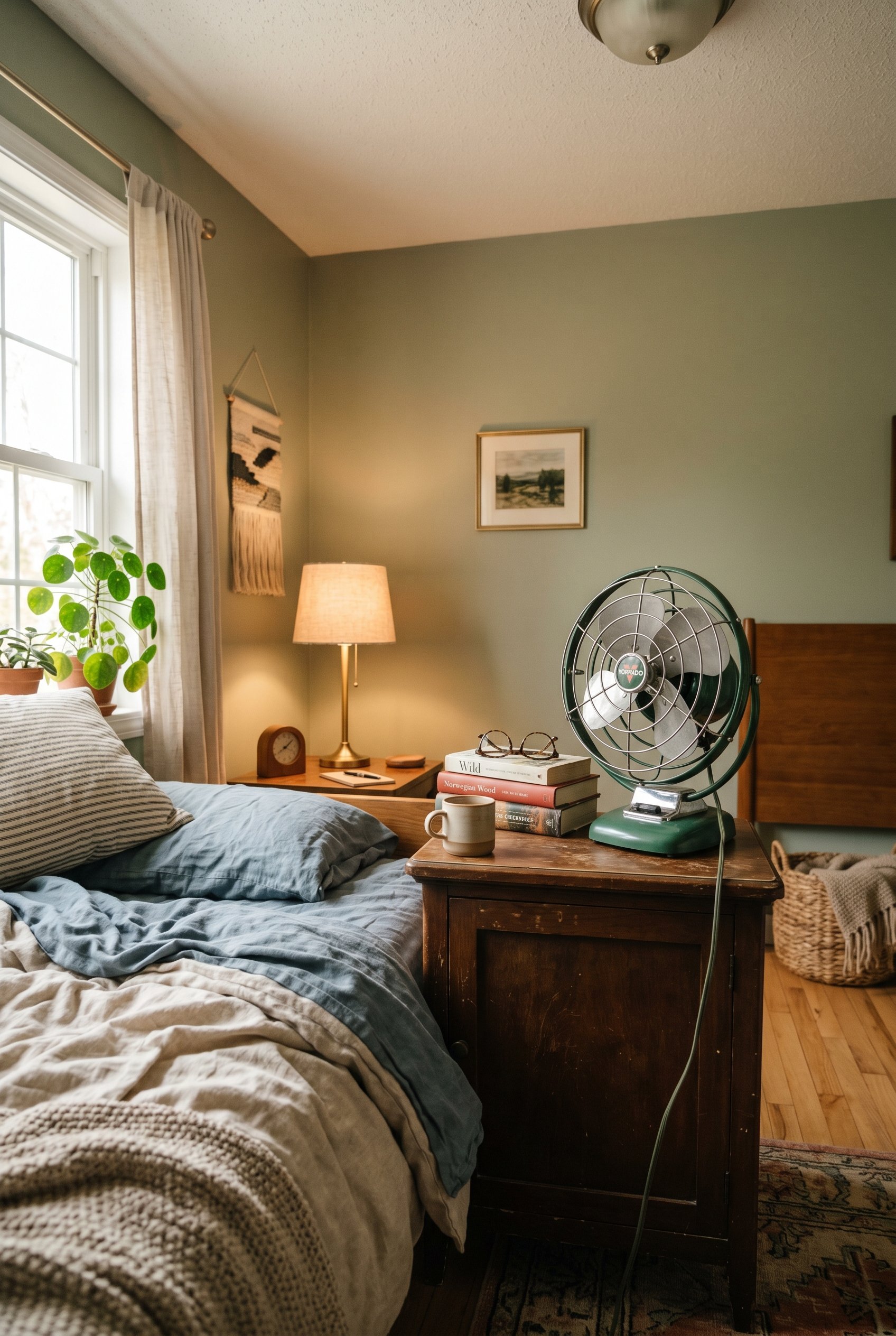 Photorealistic interior photo. A small vintage-style dark green metal Vornado desk fan sitting on a bedside table next to a stack of books. Editorial photography style, cozy bedroom lighting, no peopl
