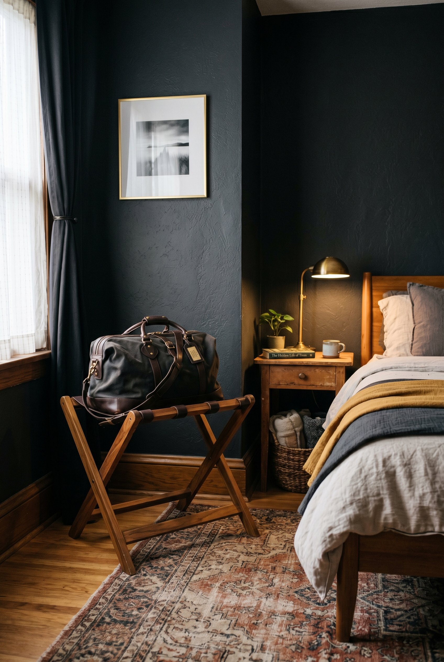 Photorealistic interior photo. A sophisticated solid teak wood luggage rack with thick brown leather straps, standing in the corner of a moody bedroom against dark painted walls. Editorial photography