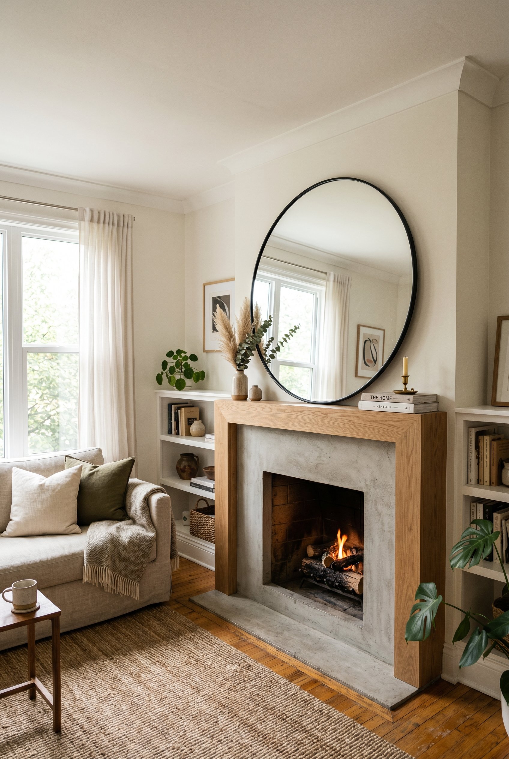 Photorealistic interior photo. A square, modern fireplace surround featuring a massive, oversized round mirror leaning on the mantel. The circular shape contrasts with the sharp corners of the room. N
