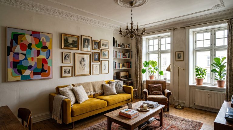 Photorealistic interior photo. A stunning, eclectic living room that perfectly balances eras. A sleek, modern mustard-yellow velvet sofa sits beneath heavy historic crown molding and an ornate plaster