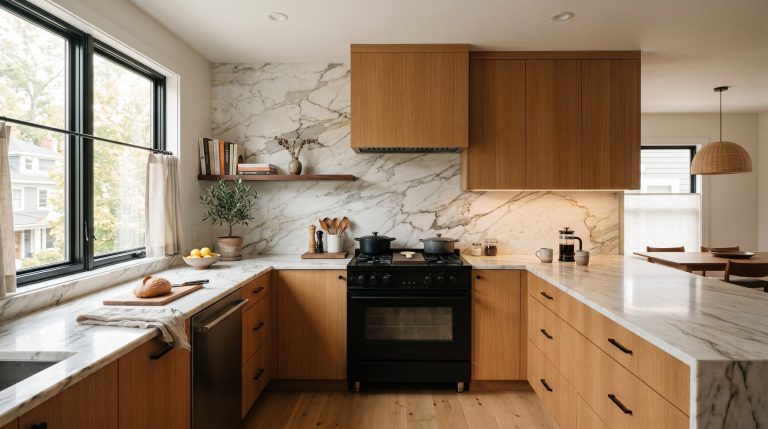 Photorealistic interior photo. A stunning modern kitchen featuring a ceiling-height Calacatta marble slab backsplash that continues seamlessly from the countertops. Warm, minimalist oak cabinetry, sle