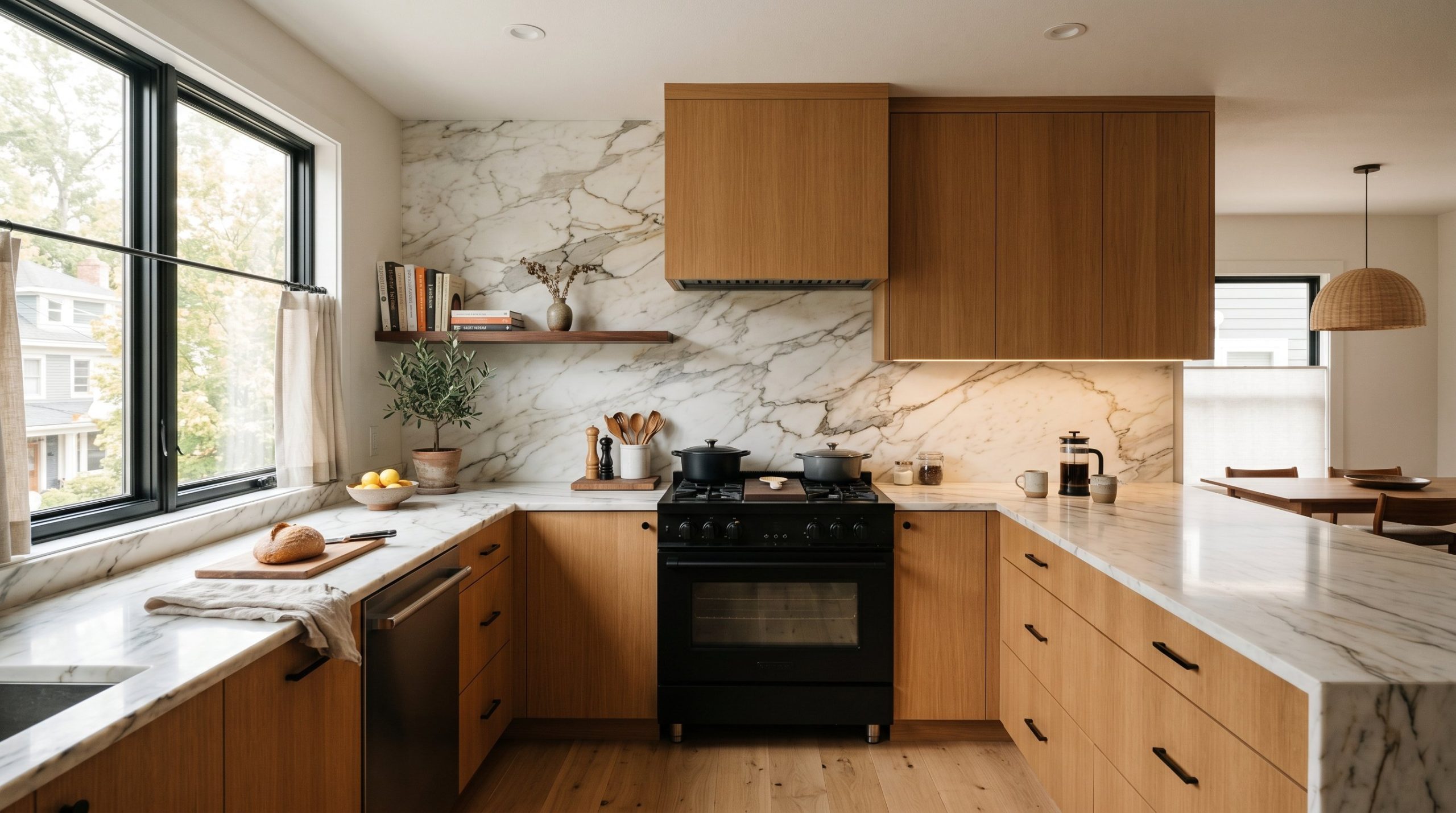 Photorealistic interior photo. A stunning modern kitchen featuring a ceiling-height Calacatta marble slab backsplash that continues seamlessly from the countertops. Warm, minimalist oak cabinetry, sle