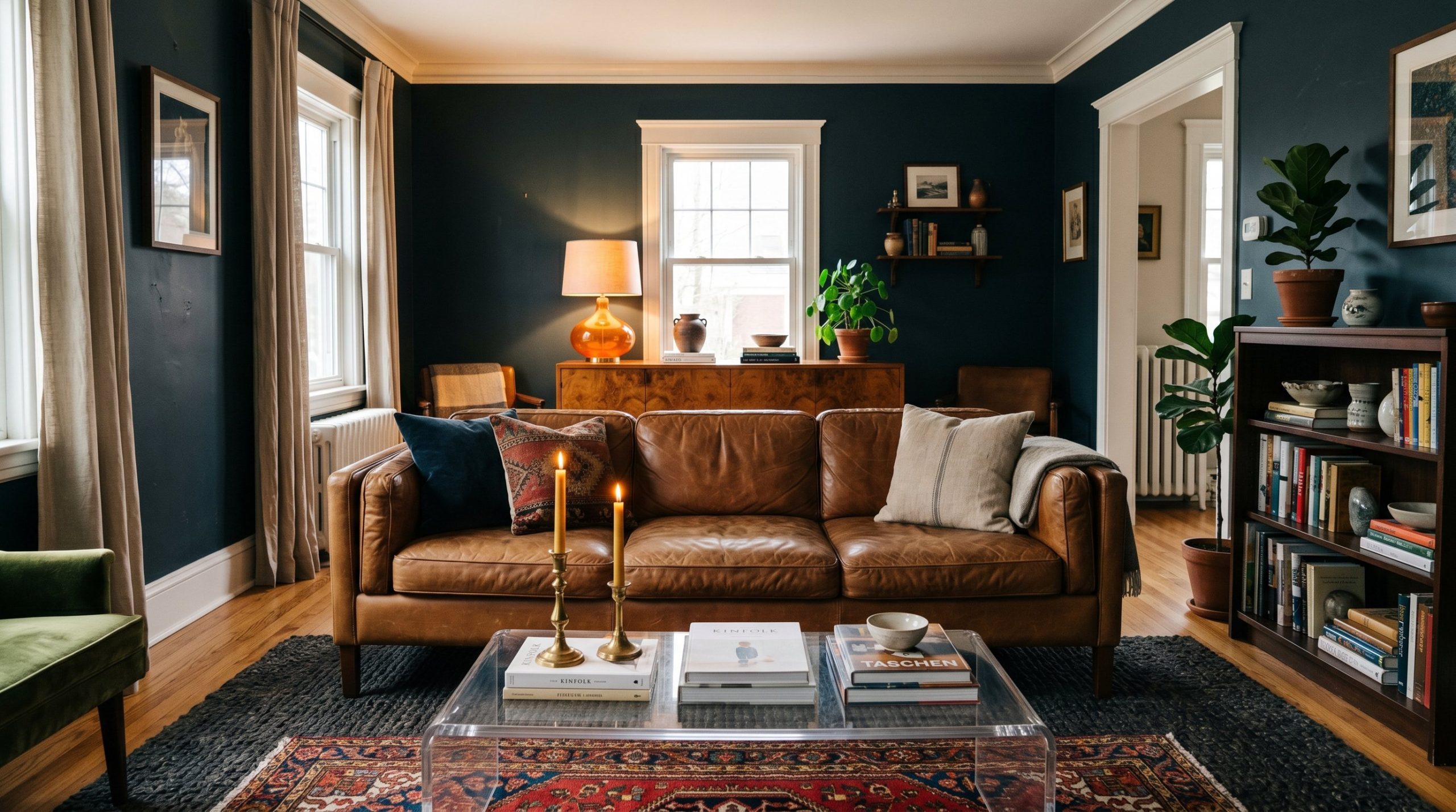 Photorealistic interior photo. A stunning, perfectly balanced eclectic living room. Deep Hague blue painted walls, a worn cognac leather vintage sofa, an oversized chunky jute rug layered with a vibra