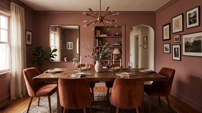 Photorealistic interior photo. A stunning, sophisticated dining room featuring muddy dusty rose color-drenched walls, a heavy walnut dining table, rust velvet chairs, and a striking unlacquered brass