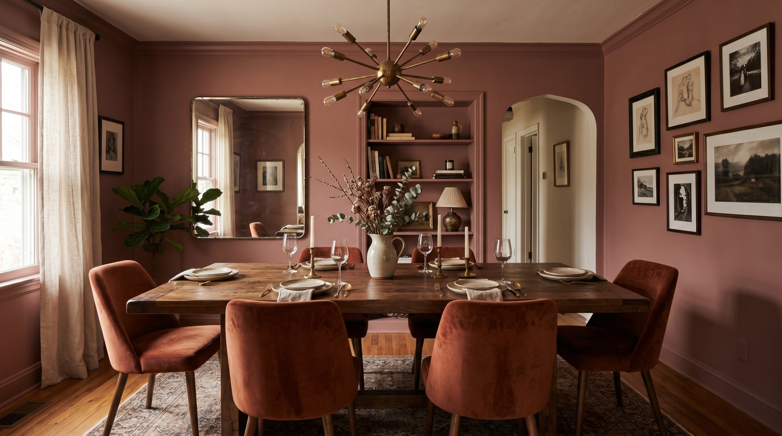 Photorealistic interior photo. A stunning, sophisticated dining room featuring muddy dusty rose color-drenched walls, a heavy walnut dining table, rust velvet chairs, and a striking unlacquered brass