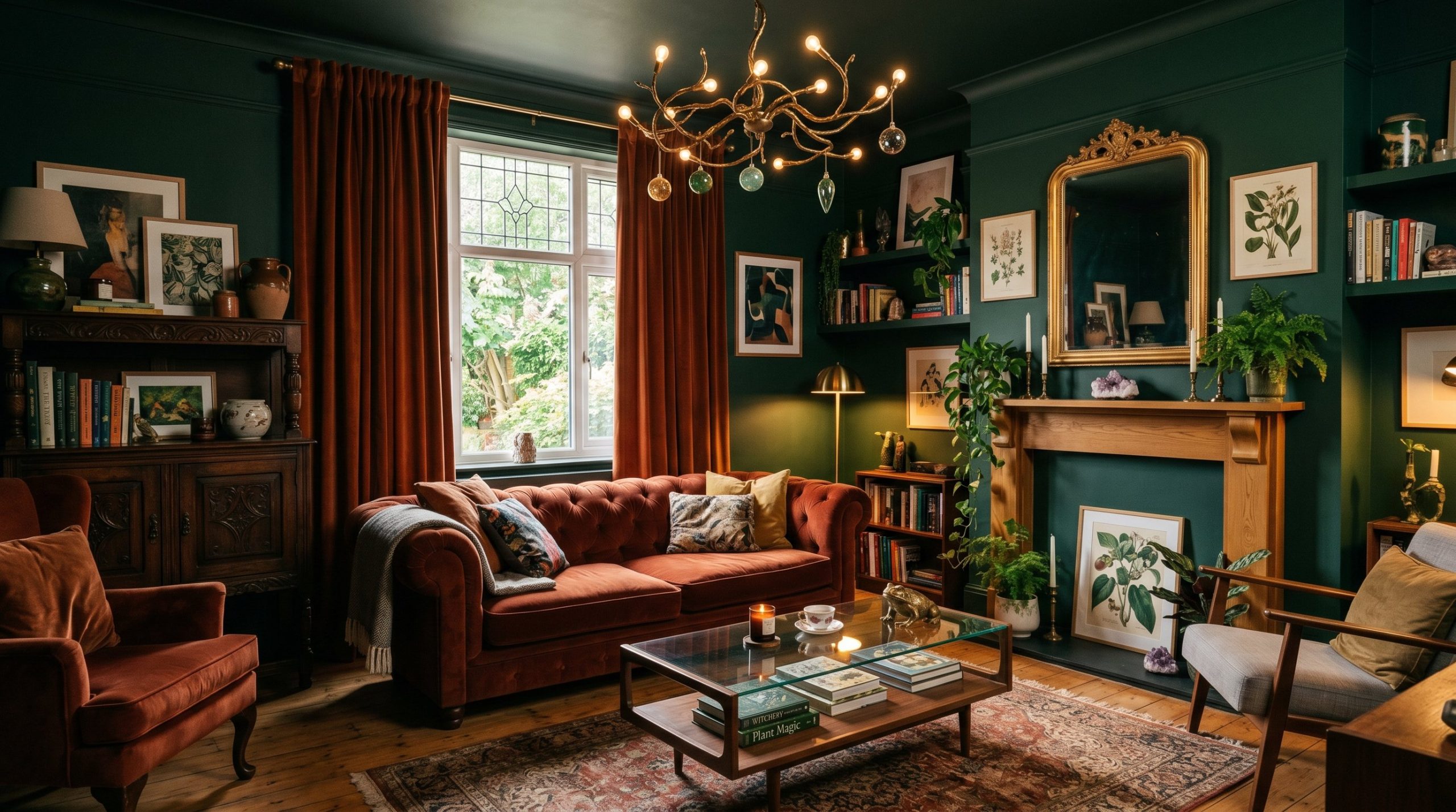 Photorealistic interior photo. A stunning, sophisticated whimsical living room that perfectly balances magic and maturity. Dark emerald green walls, heavy velvet rust-colored drapes, a mix of century-