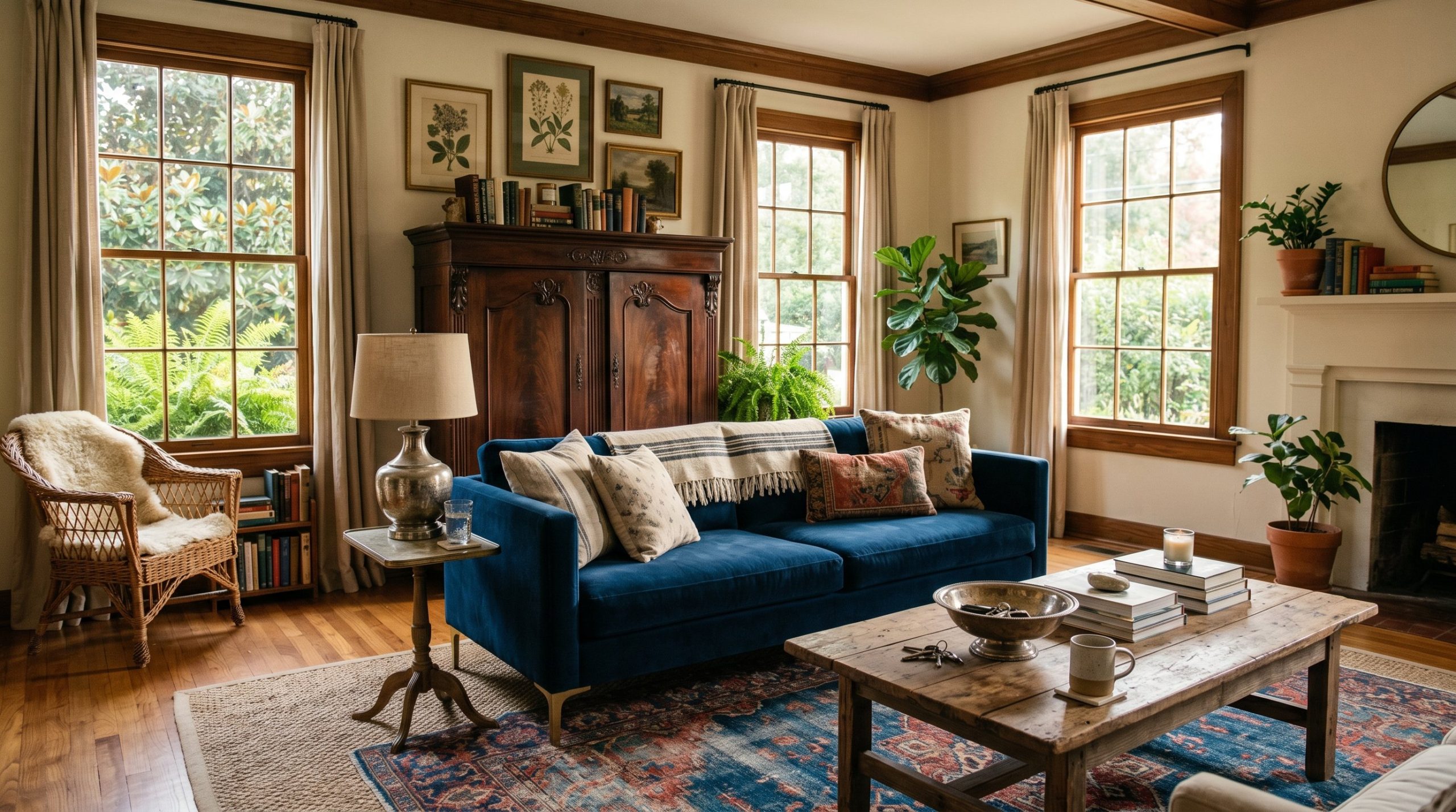 Photorealistic interior photo. A stunning Southern living room balancing modern and vintage. A faded Persian rug layered over sisal, heavy mahogany antique armoire, sleek contemporary velvet sofa, and