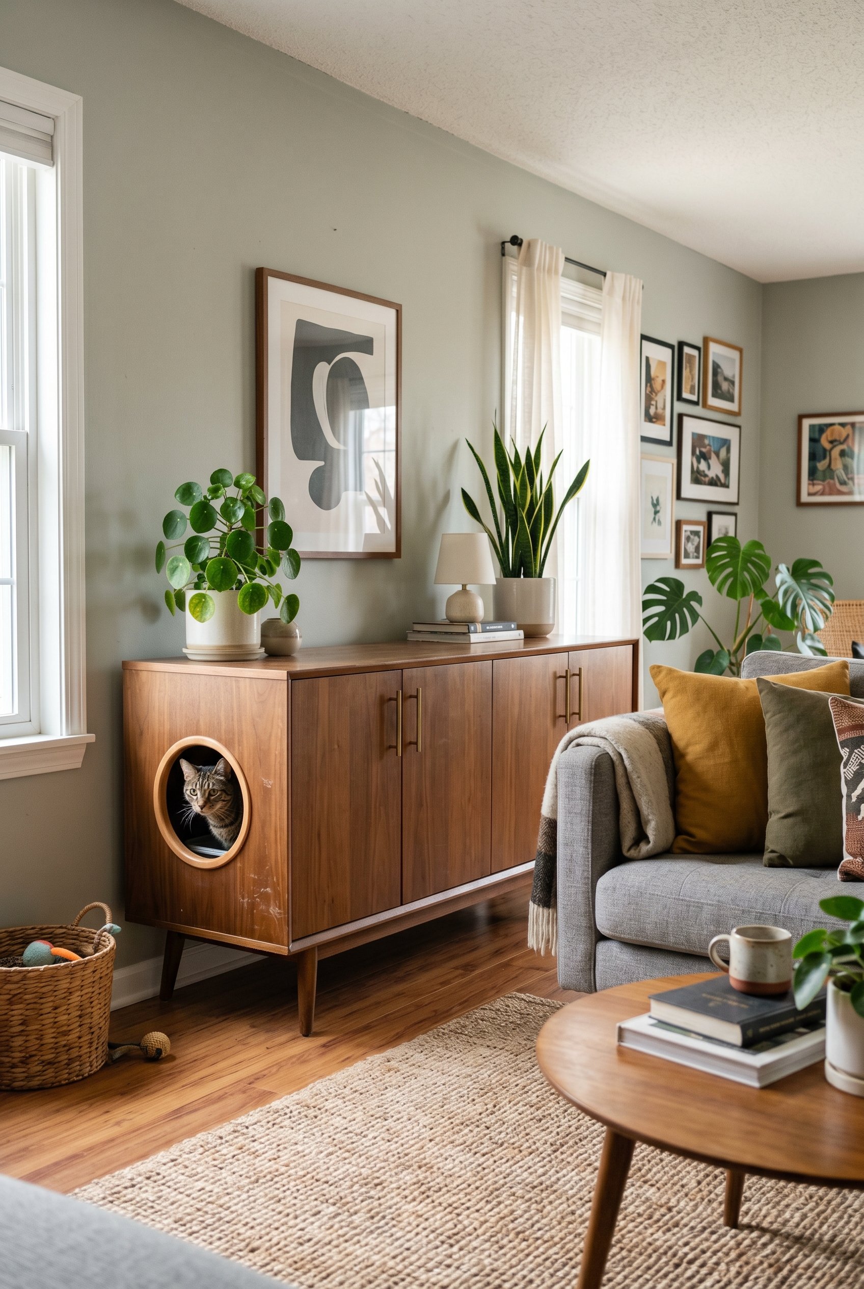 Photorealistic interior photo. A stylish mid-century modern wooden credenza with a neat circular hole cut into the side panel for a cat litter box. Set in a bright, modern living room. Editorial photo