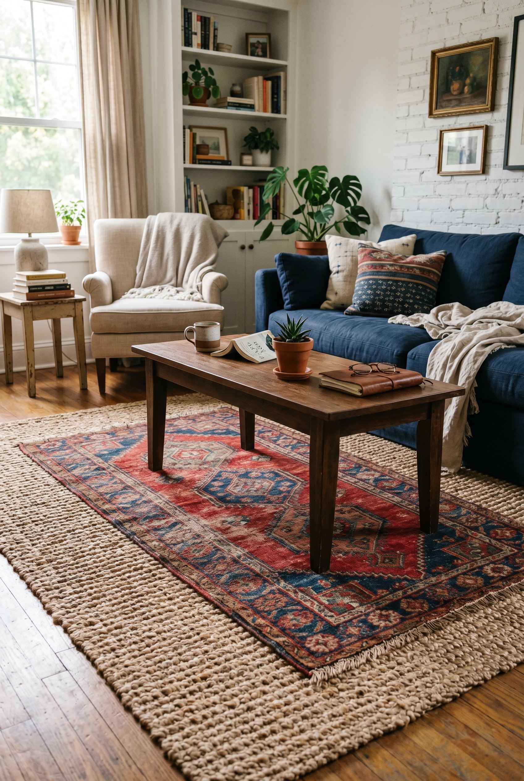 Photorealistic interior photo. A thick, chunky natural jute rug covers the floor. Layered directly on top is a colorful, worn vintage Turkish runner with reds and blues. The legs of a dark wood coffee