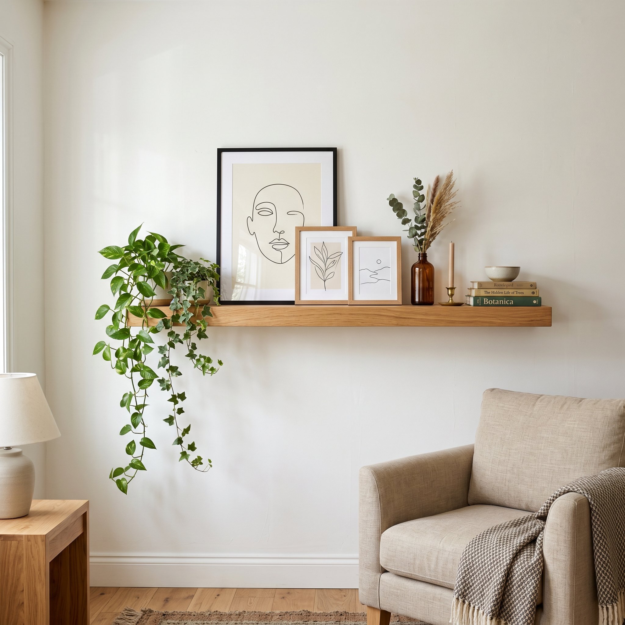Photorealistic interior photo. A thick oak floating shelf on a blank white living room wall, styled like a mantle with trailing green ivy and framed line art. Bright natural lighting, straight-on angl