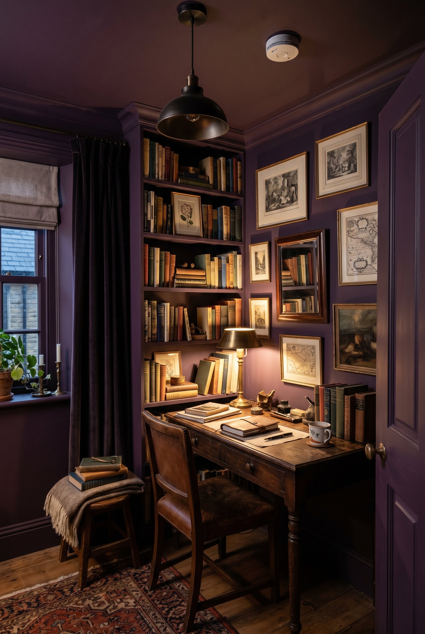Photorealistic interior photo. A tiny, cozy study painted entirely in a deep, moody aubergine purple, including the ceiling and trim. Rich, dark academia aesthetic, warm lamp lighting, corner angle. E