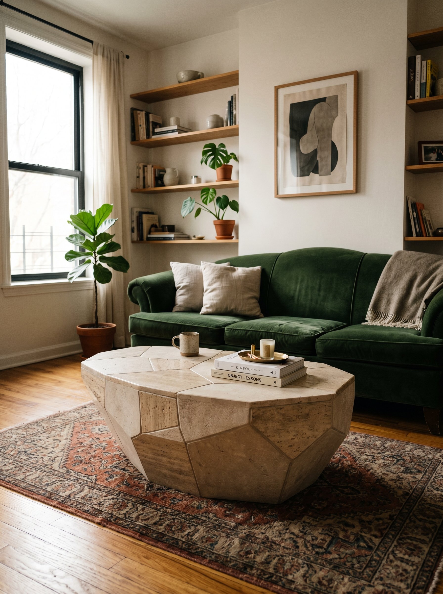 Photorealistic interior photo. A uniquely shaped, tessellated stone postmodern coffee table sits in the center of a living room with a vintage velvet sofa. Architectural and sculptural focus. Dramatic